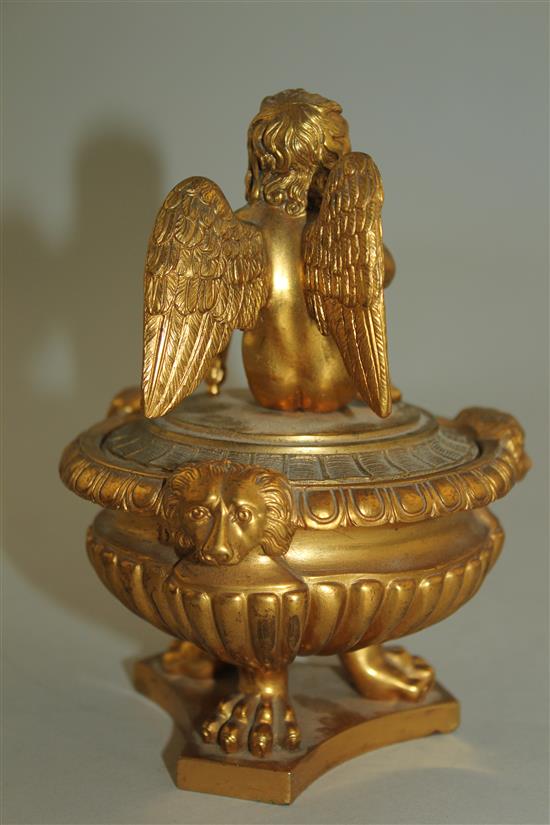 An Empire style gilt bronze inkwell and cover, first half 19th century, 6in.